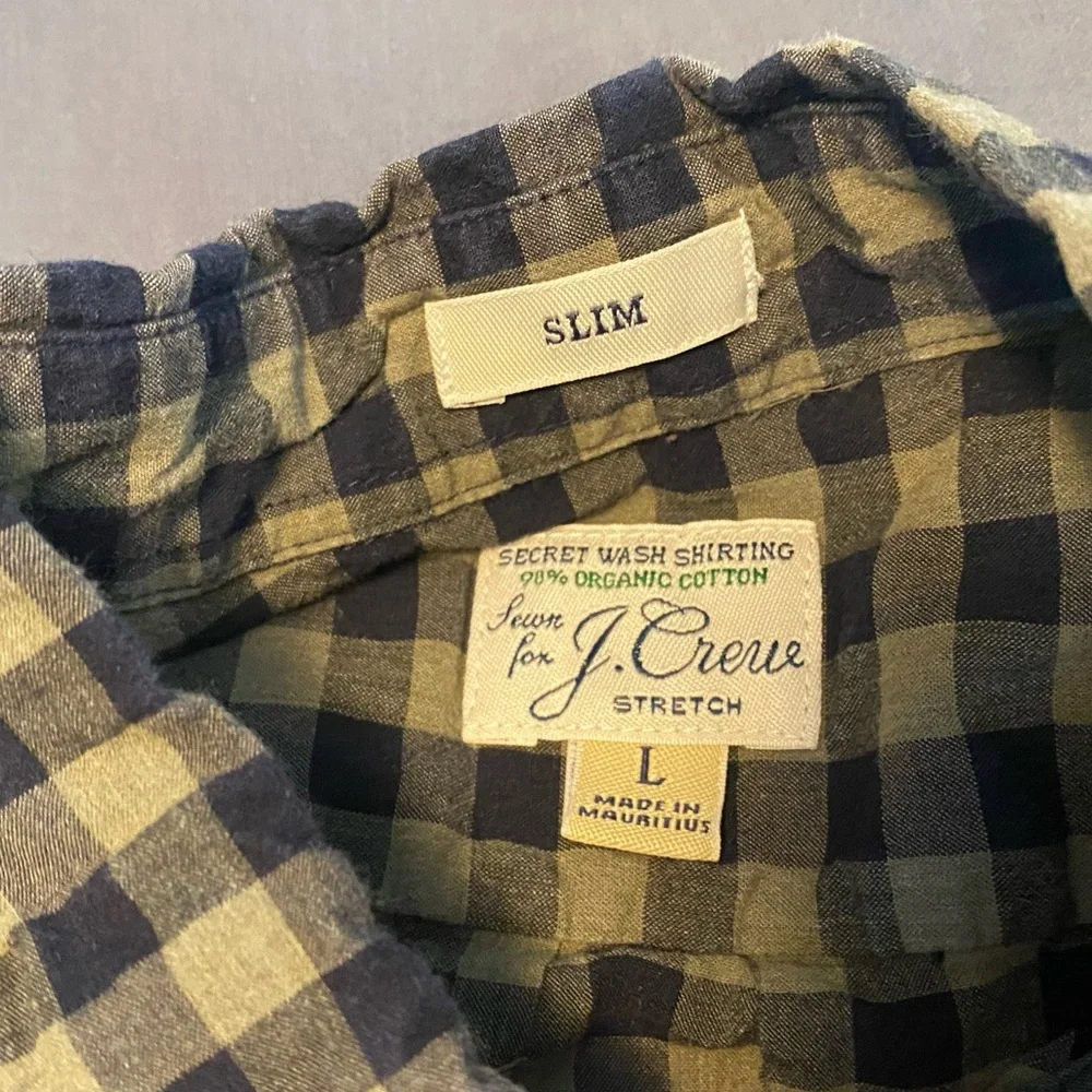 Mens Large J. Crew Slim Gingham Plaid Button Down Sleeve Shirt Army Green & Navy